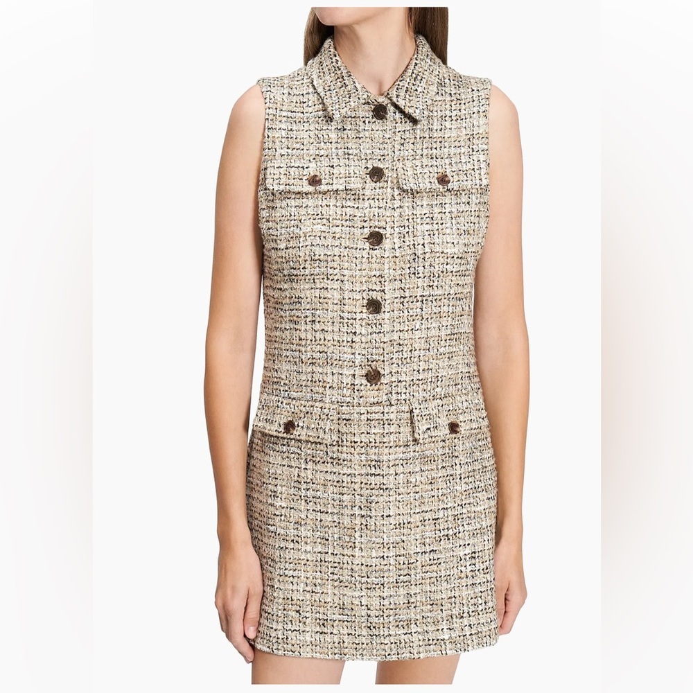 NWT Theory Tweed Sleeveless Mini Dress Size 6 Cream Brown Button Front